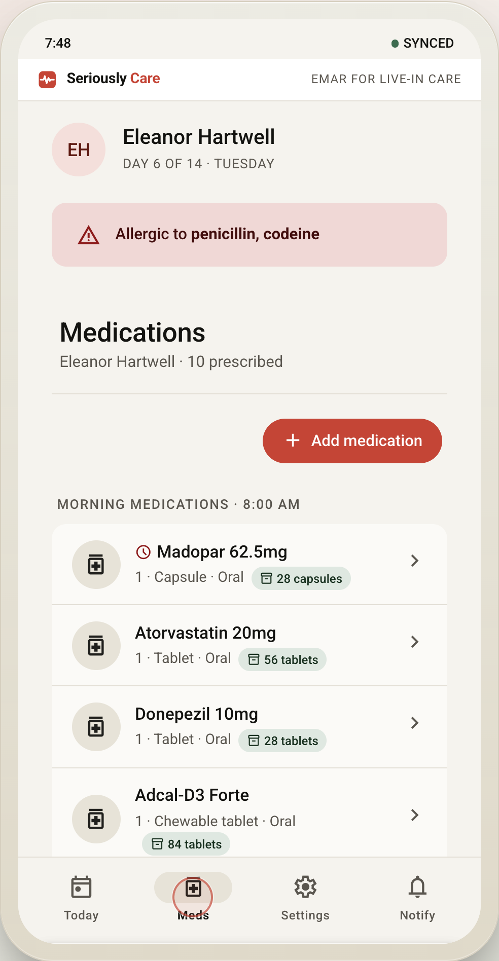 Carer app — the full medication list